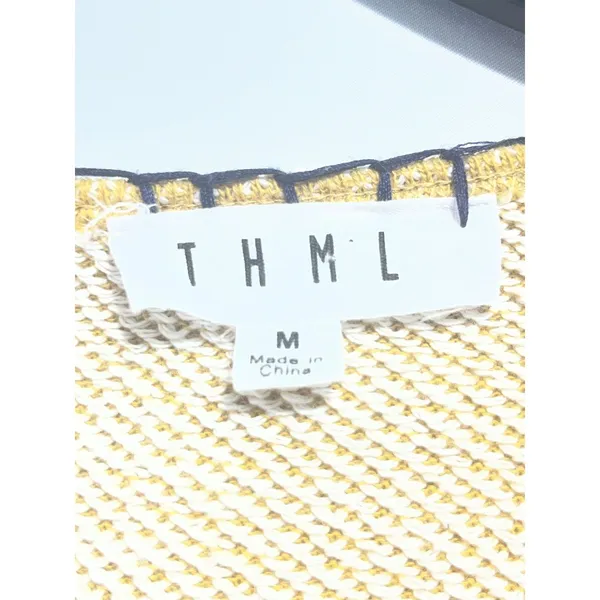 THML Textured Peplum Bell Sleeve Top Women M Mustard Whipstitch Crew Neck Boho - Image 3