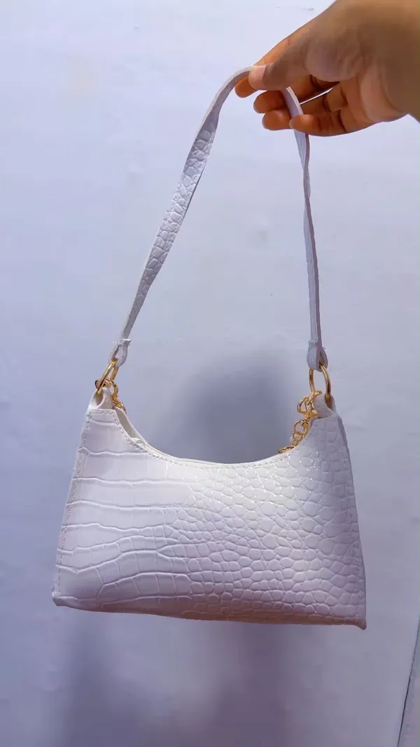 White Shoulder Bag Crocodile Embossed Hobo Purse Gold Chain Butterfly Bear Charm - Image 5