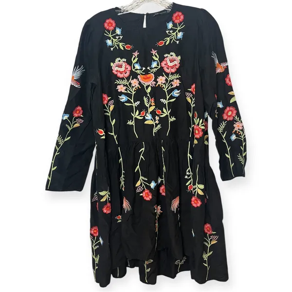 Zara Embroidered‎ Bird & Floral Black Shift Dress Cottagecore Bohemian Sz Small - Image 5