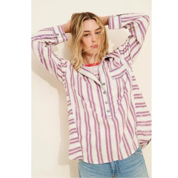 Free People Bohemian Preppy Pullover Shirt Tunic Ivory Stripes Coastal Medium - Image 7