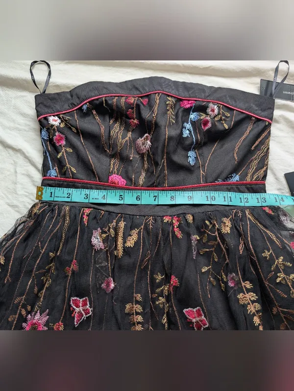 NWT Lulus For the Frill of It Embroidered Strapless Midi Dress Small Black/Pink - Image 7