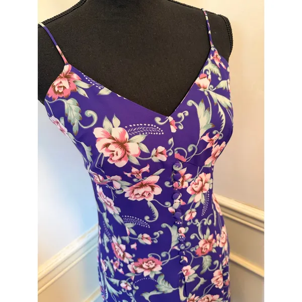 VTG Timoteo Corelli Purple Floral Button-Front Slip Dress Maxi 90s Whimsigoth - Image 3