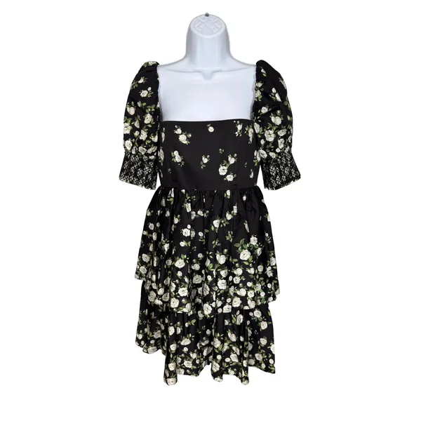 Alice +‎ Olivia Songbird Black Floral Puff Sleeve Dress 2 NWT Coquette Romantic - Image 2
