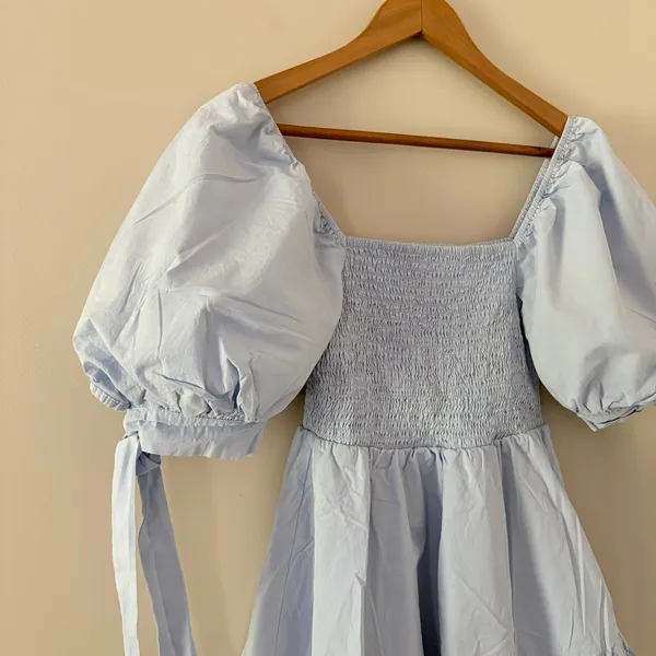 Showpo Chelle Shirred Mini Dress Tie Sleeve 8 Ice Blue Smocked Ruffle Cotton - Image 6