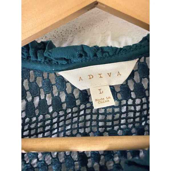 Adiva crochet‎ green teal lace eyelet short puff sleeve top large - Image 4