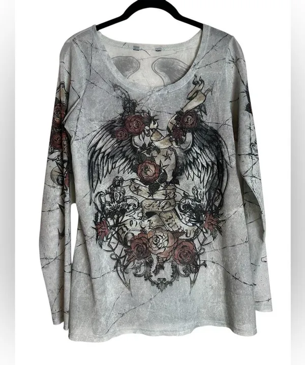 Rock & Republic Womens Y2K Mesh T-Shirt Gray Cross Angel Wings Tattoo Sleeve Grunge Size Med - Image 2