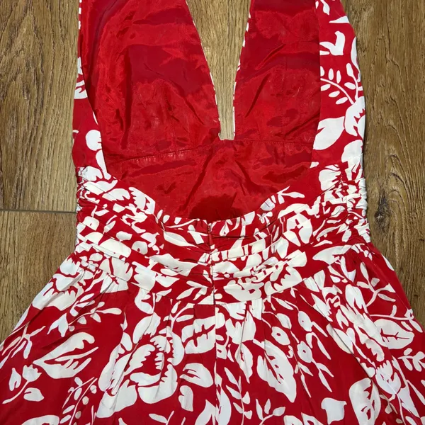 Y2K Moda Red Floral 100% Silk Halter‎ Dress Ruched Waist Size 4 Romantic flowy - Image 8