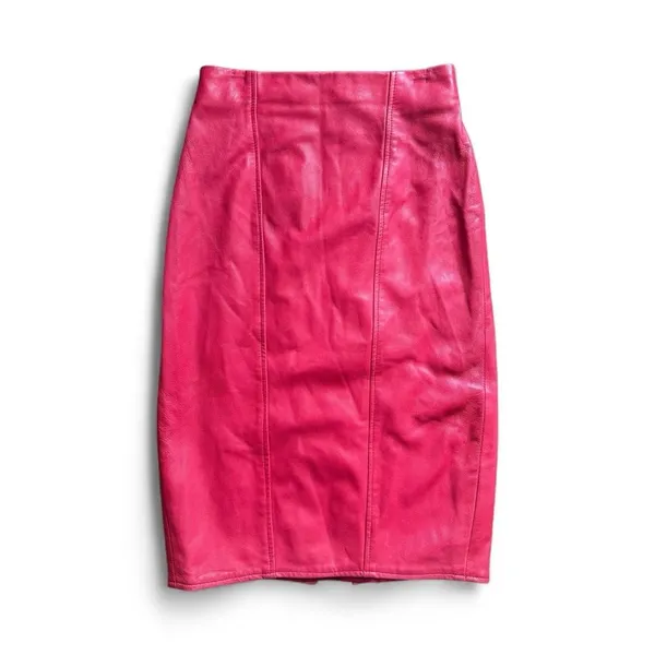 Vakko Vintage Hot Pink Red Leather Pencil Skirt Size 8 High Waist Midi Minimal - Image 3
