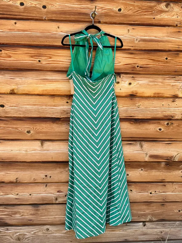 Few Moda o.p.t Green Size M Noelle Stretch Cotton Halter Long Striped Maxi Dress - Image 10