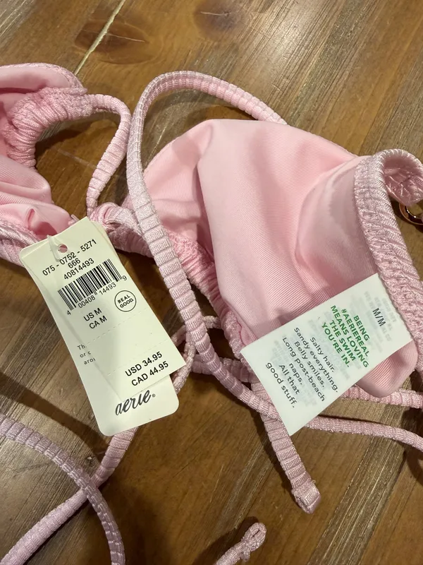 Aerie Shine Rib Bikini Swim Set Medium String Triangle Top & Bottom Pink NWT - Image 6