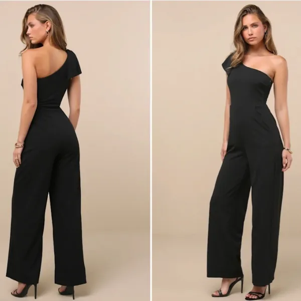 LULU's Sexy Chic Sophisticated Wedding Cocktail One Shoulder Wide Leg Jumpsuit - Image 4