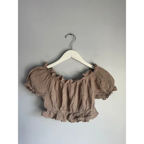 Coastal Cottage Brown Gauze Crop Top Off Shoulder Ruffle Puff Sleeve Boho Medium - Image 2