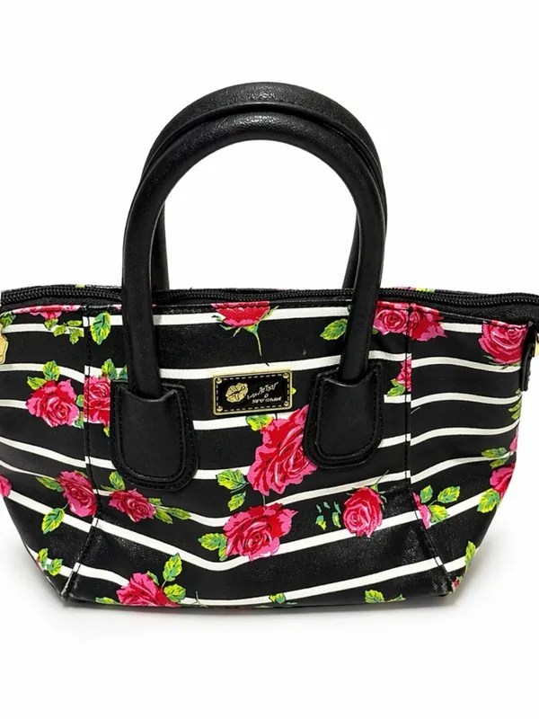 Betsey Johnson Floral Stripe Satchel Black Pink Rose Mini Handbag Y2K - Image 3