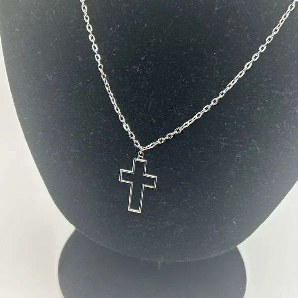 Vintage Outline Cross Pendant Necklace Real Silver Stainless Steel Plated New - Image 2