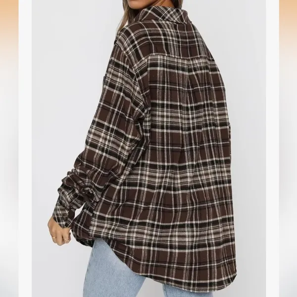 LaCozy Women’s Oversized Flannel Shirt in Brown Plaid - Image 5