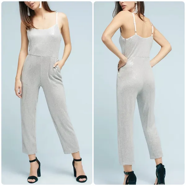 Anthropologie ETT:TWA Claudette Sequined Jumpsuit Silver Gray Pockets Size 4 - Image 2