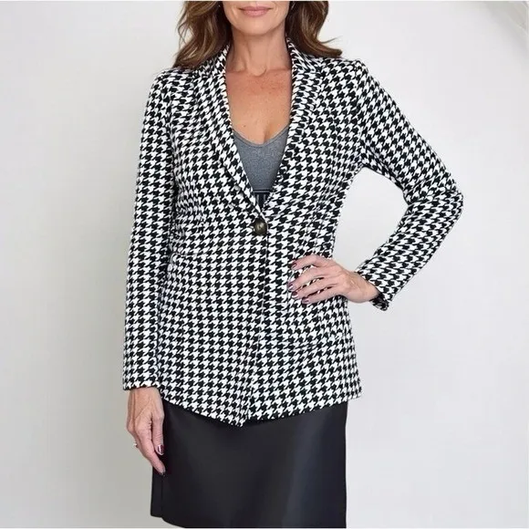 SHEIN Houndstooth Lapel Collar Single-Button Blazer Casual Chic Jacket, XS - Image 5