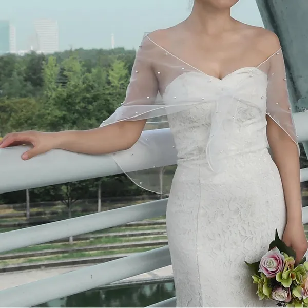 Bridal Sheer White Pearl-Embellished Shawl Wrap Bolero Wedding Gown caplet - Image 3