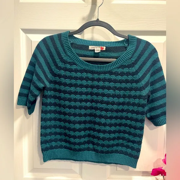 Love By Design Black and Teal Striped Half Sleeve Cropped Sweater size M - Image 2
