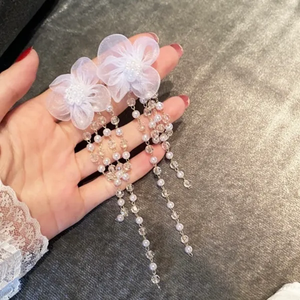 Women's Pearl Crystal Flower Long Tassel Dangle Drop Earrings - Image 2