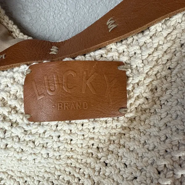 Lucky Brand Ivory Cotton‎ Crochet Leather Trim Boho Hobo Shoulder Bag Purse Tote - Image 9