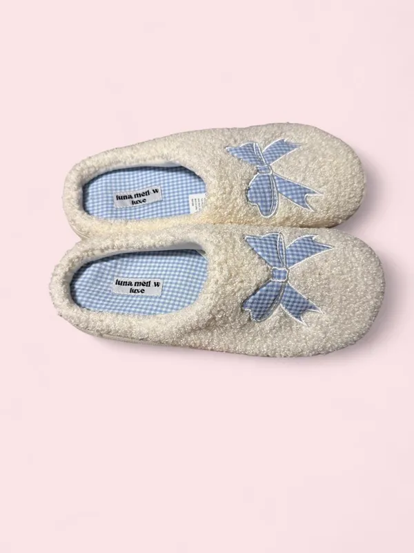Plush Cream Sherpa Slip-On Slippers with Light Blue Gingham Bow - Image 3