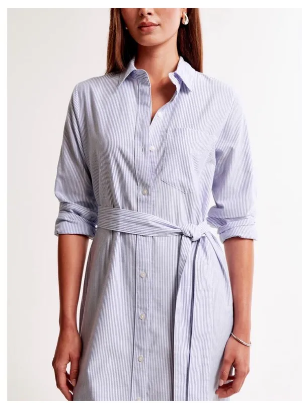Abercrombie & Fitch Long Sleeve Belted Shirt Dress Blue Stripe Size Large Petite - Image 2