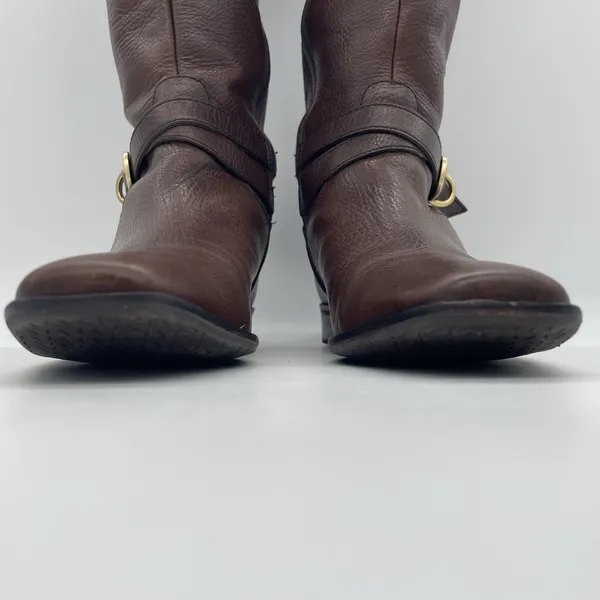 Talbots Womens 7AA Riding Boots Tall Brown Pebbled‎ Leather Gold Buckle Full Zip - Image 10