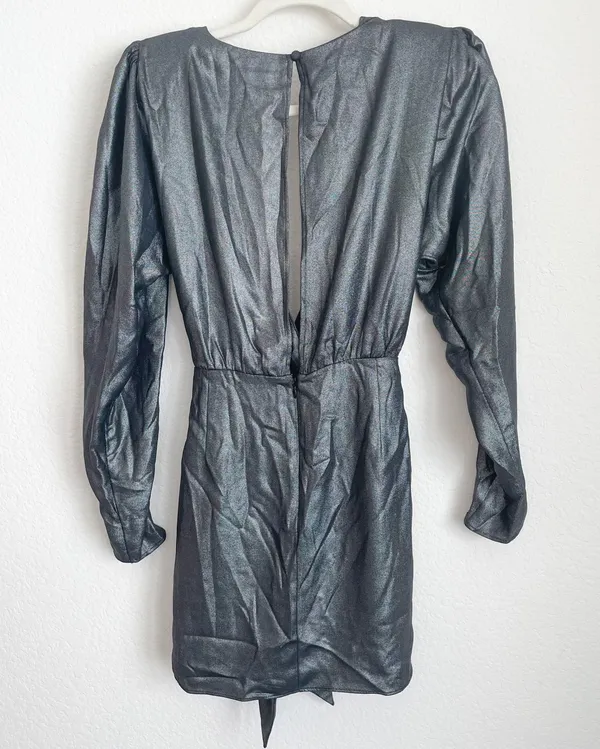 L'Academie The Dore Silver Front Tie Long Sleeve Mini Dress - Image 8