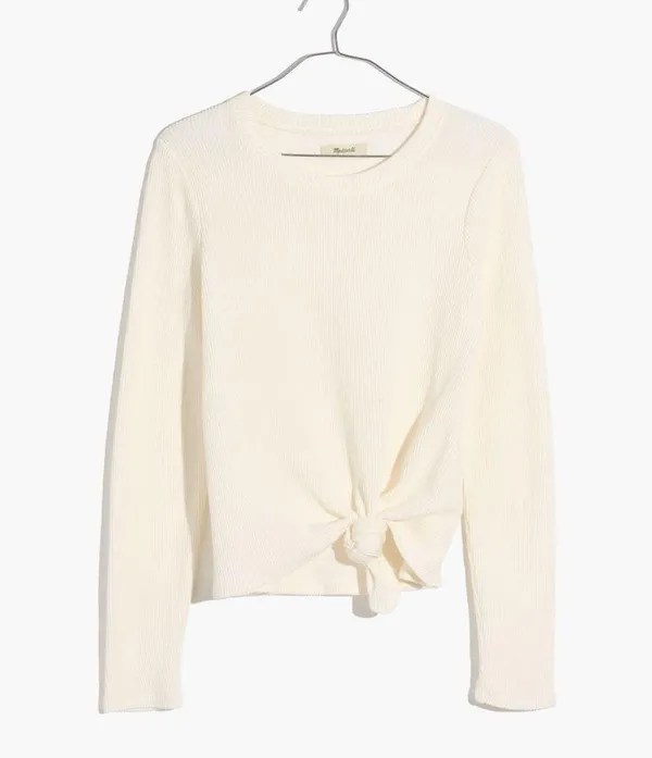 Madewell Texture & Thread Jacquard Ivory Ribbed Tie Front Long Sleeve Top Small - Image 12