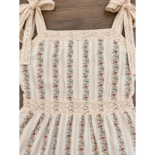 Cream Floral Cotton Maxi Dress Lace Tie Cottagecore Tiered Ruffle M - Image 6