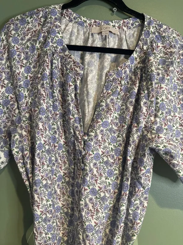 LOFT Linen Blend Floral Midi Dress Women L Blue Cottagecore Belted Pockets - Image 4