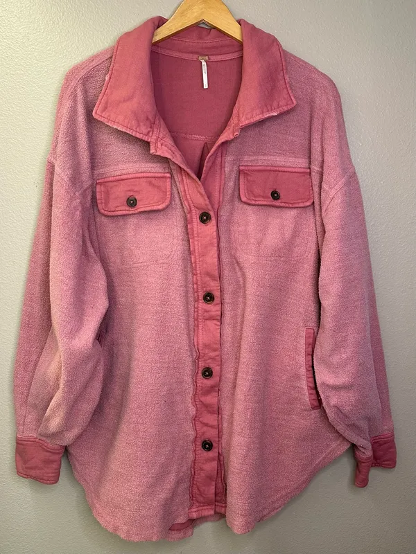 Free People Ruby Oversized Shirt Jacket Pink Shacket Distressed Cotton - Image 2