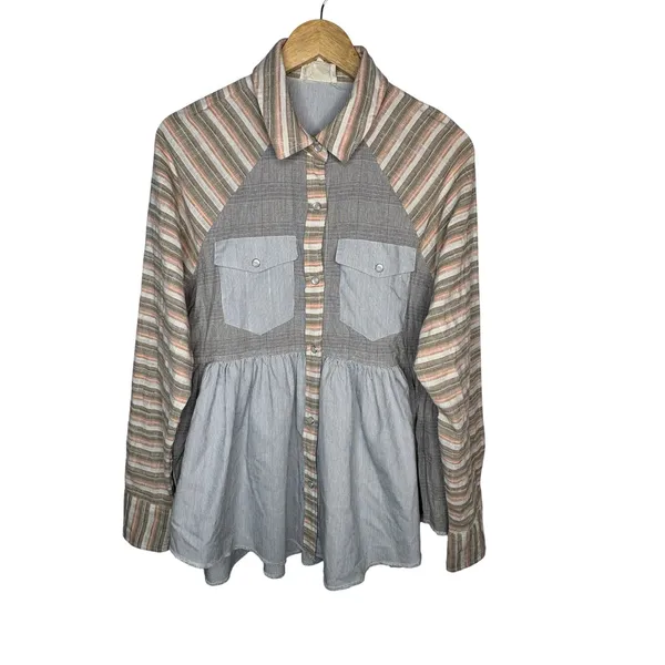 Dress Up Mixed Print Button Down Top Women Small‎ Blue Peplum Striped Plaid Boho - Image 2
