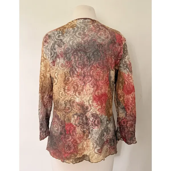 VTG Y2K Abstract Floral Sheer Lace Mesh V-Neck Lettuce Hem Top Made in USA - Image 2