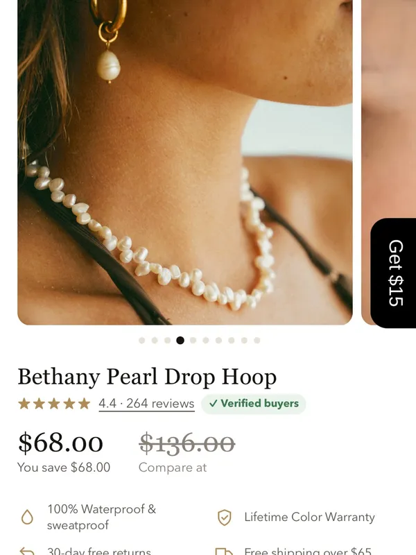 Bethany Pearl Drop Hoop Earrings - Gold with White Pearl - Image 2