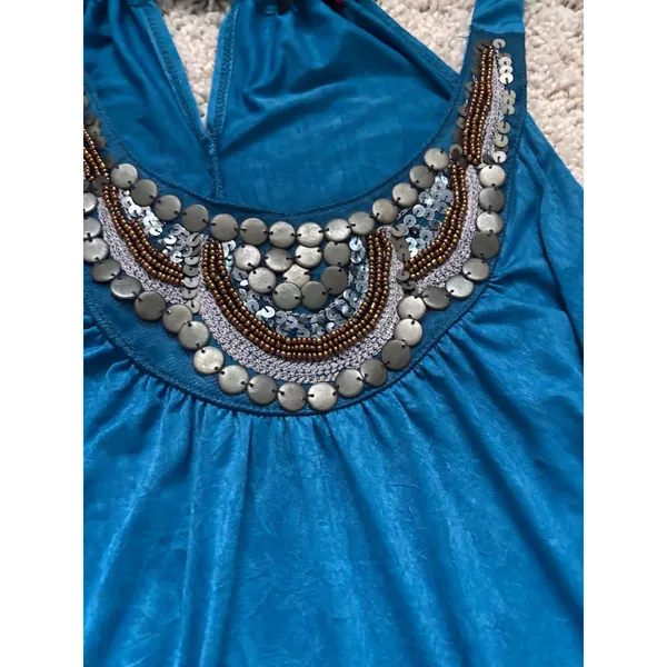Boho Beaded Halter Top Teal Blue Sequin Embellished Festival Summer Tank Large - Image 2