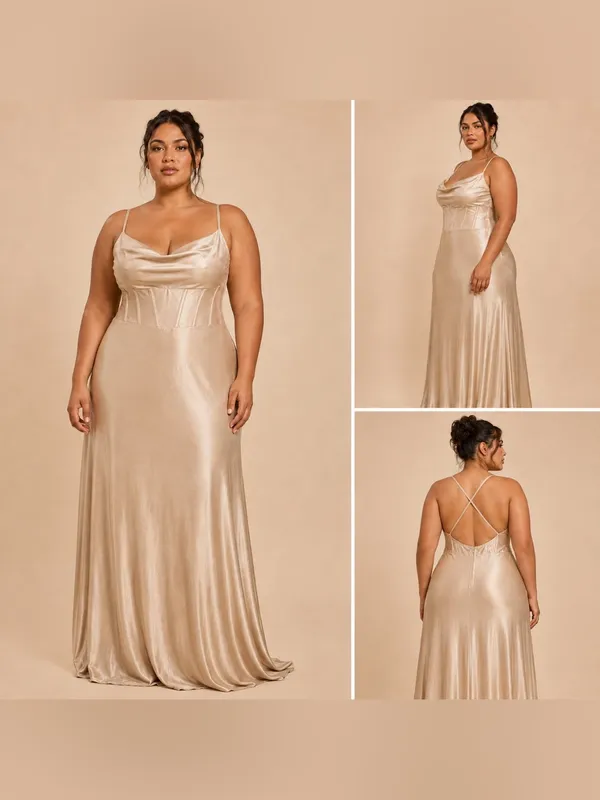 Windsor Taupe Satin Maxi Dress XL Cowl Neck Strappy Back Formal Gown NWT - Image 2