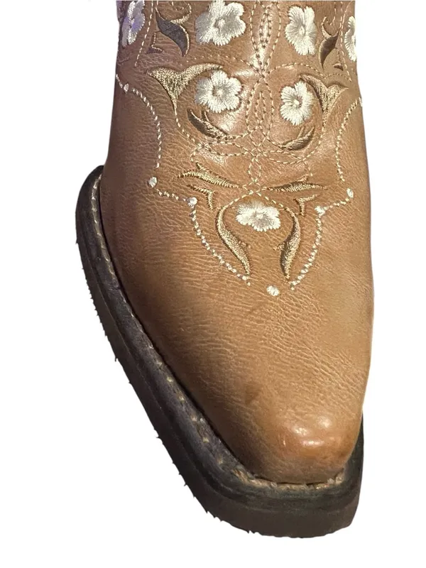 Durango cowboy boots tan leather white lace-like shaft floral - Image 6
