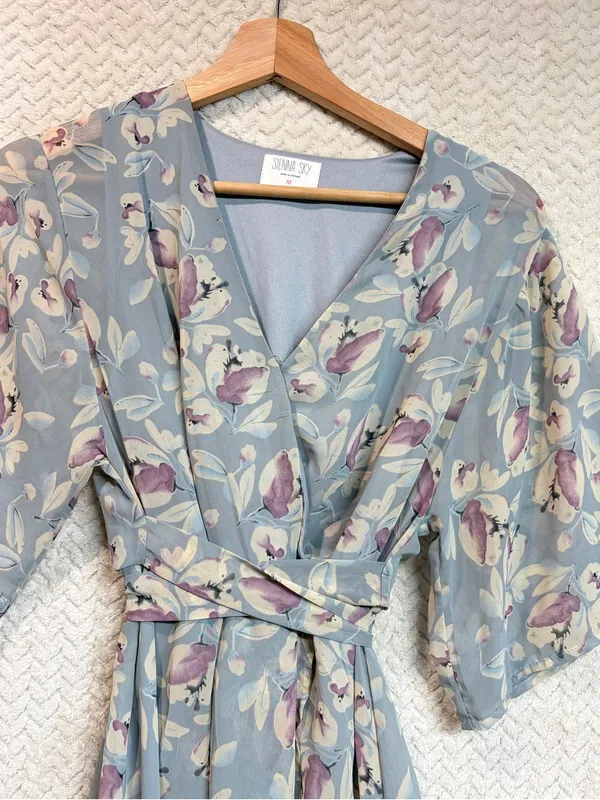 Sienna Sky Floral Faux Wrap Midi Dress M Blue Purple Cottagecore Fairycore Soft‎ - Image 7