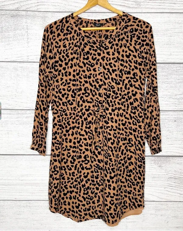 Rails Bella Jaguar Long Sleeve Leopard Print Shirt Dress Tie Waist Size Medium - Image 4