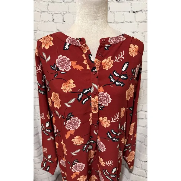 Ann Taylor LOFT Floral Long Sleeve Red Dress Size Large - Image 2