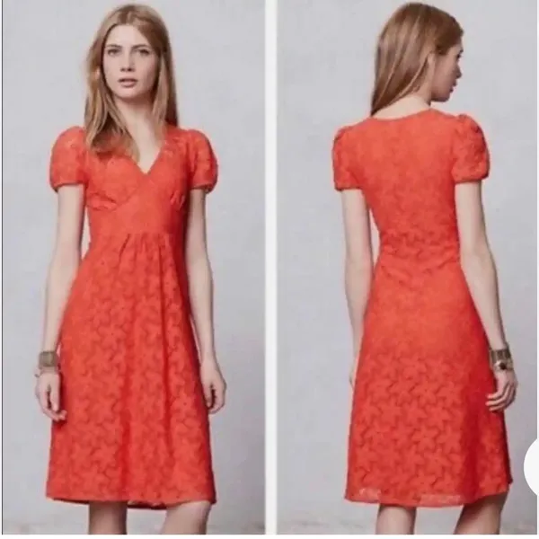 Anthropologie Leifnotes Small Orange Dogflora Eyelet Midi Dress Short‎ Sleeve - Image 2