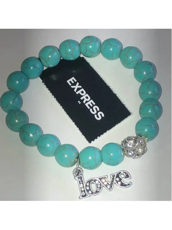 Express Turquoise Color Boho Beaded Bracelet with Silver Tone Love Charm - Image 2