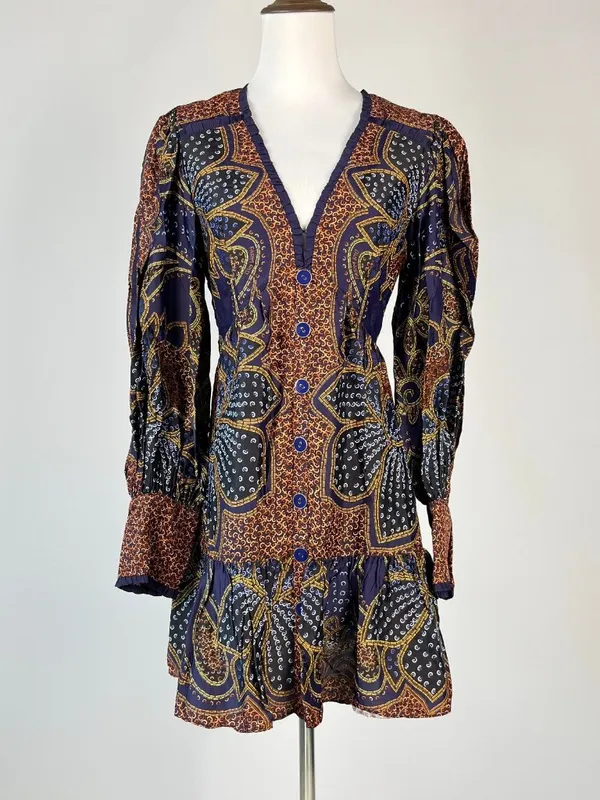 NWOT FARM Rio Floral Paisley Ruffles Mini Dress Glam Boho Long Sleeve Size XS - Image 4