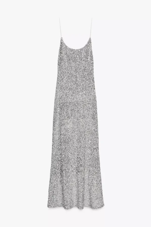 Zara Silver Sequin Spaghetti Strap maxi Dress evening party holiday - Image 11
