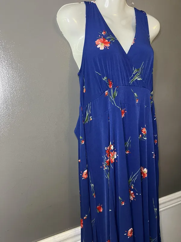 Torrid Dress Sz 00 (Med) Blue Floral V Neck Hi Low Maxi Fit & Flare Sundress - Image 5