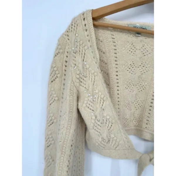 Vintage Beth Bowley Women's Cardigan Y2K Crop Shrug‎ Sweater Beige Small Angora - Image 2