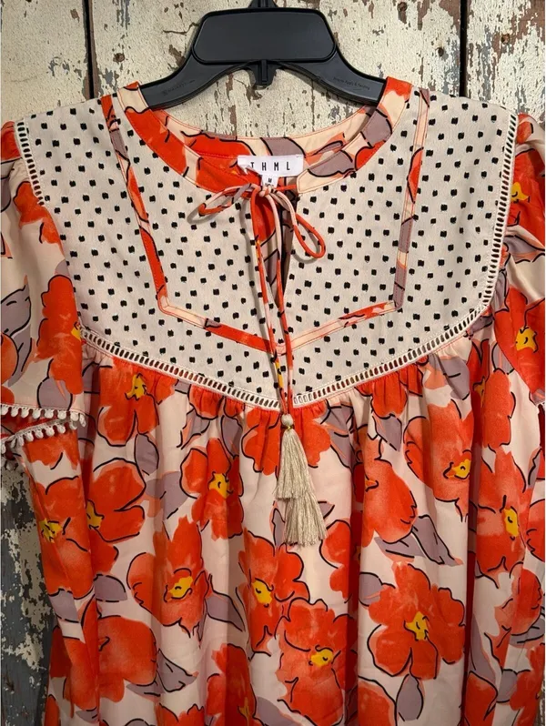 NWT THML boho orange floral print peasant blouse Women's size Medium - Image 2