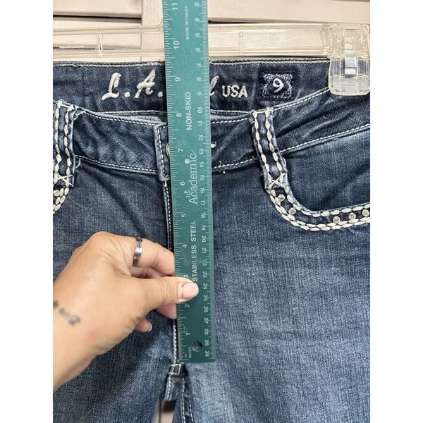 L.A Idol Denim Jeans Size 9 Skinny Gems Stitching Roses Low Rise Zip - Image 3
